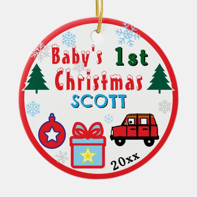 Baby Boy First Christmas Red  Car NAME Ceramic Ornament (Front)