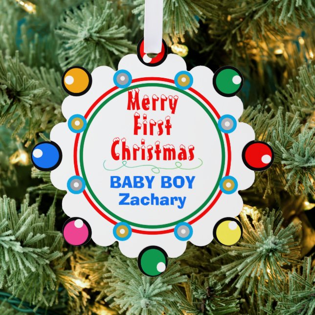 Baby Boy First Christmas Red Green Blue  Ornament Card (Insitu (Tree))