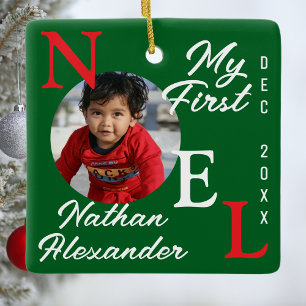 Baby Boy First Christmas Red & Green Noel Photo Ceramic Ornament
