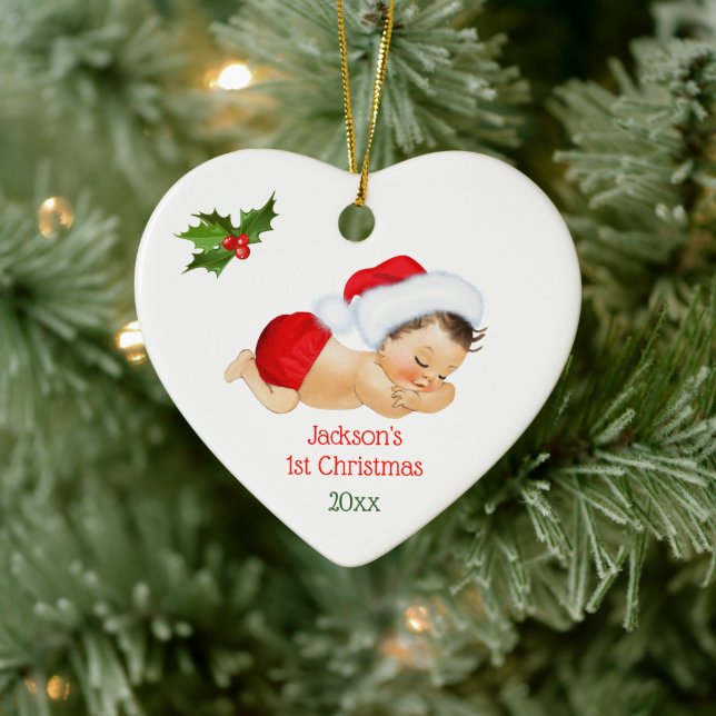 Baby Boy First Christmas Red Santa Hat Ceramic Ornament (Tree)