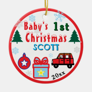 Baby Boy First Christmas Red Toy Car NAME Ceramic Ornament