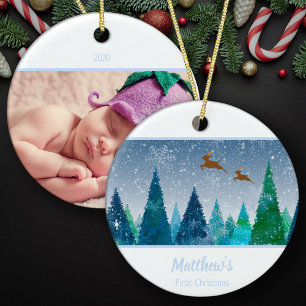 Baby Boy First Christmas Snowflake Photo Ceramic Ornament