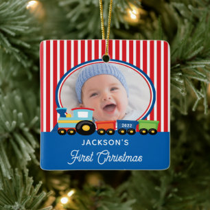Baby Boy First Christmas Train Photo Ceramic Ornam Ornament