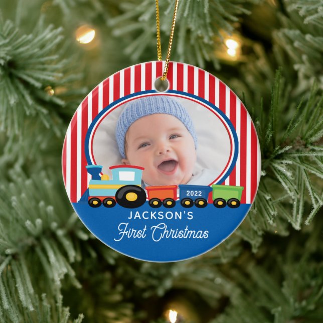 Baby Boy First Christmas Train Photo Ceramic Ornament (Tree)