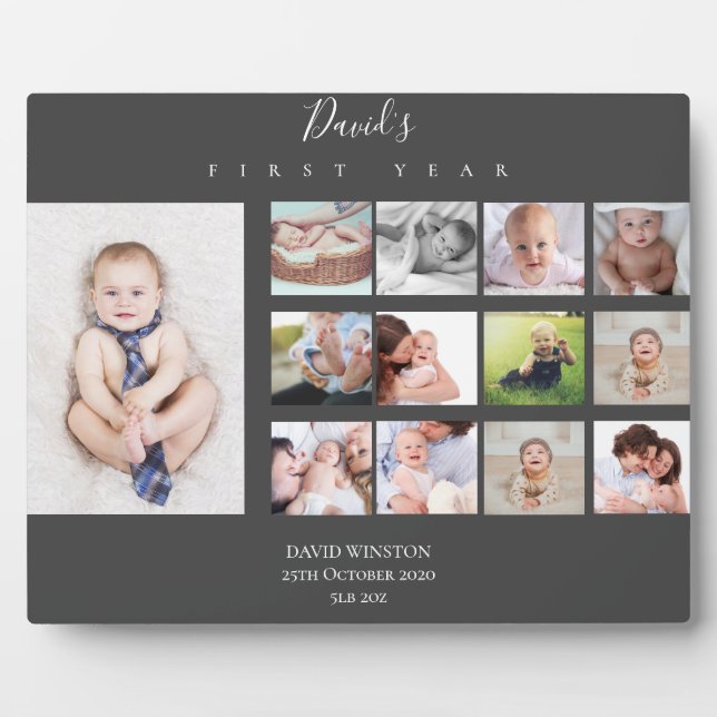 Baby Boy First Year Photo Collage 12 months Gift Plaque (Front)