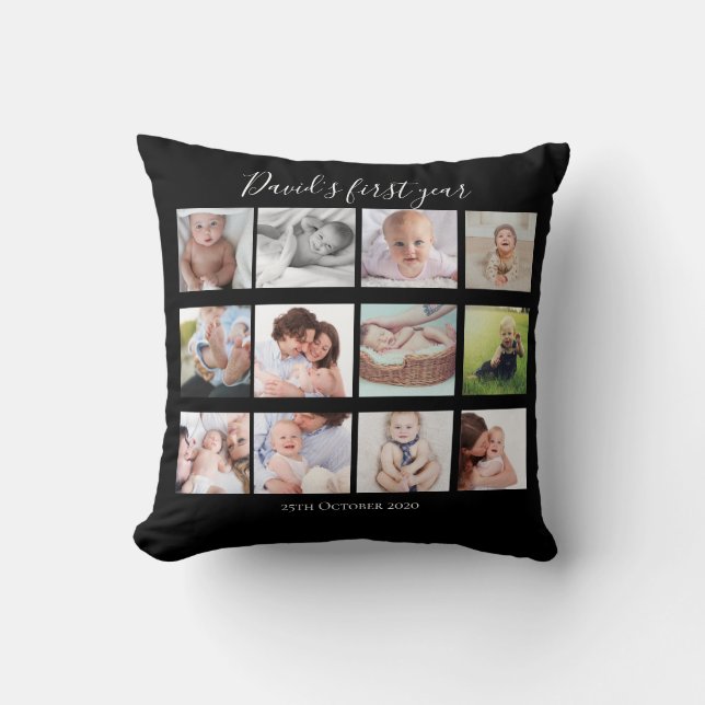 Baby Boy First Year Photo Collage Gift Black Throw Pillow (Front)