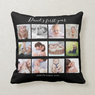 Baby Boy First Year Photo Collage Gift Black Throw Pillow