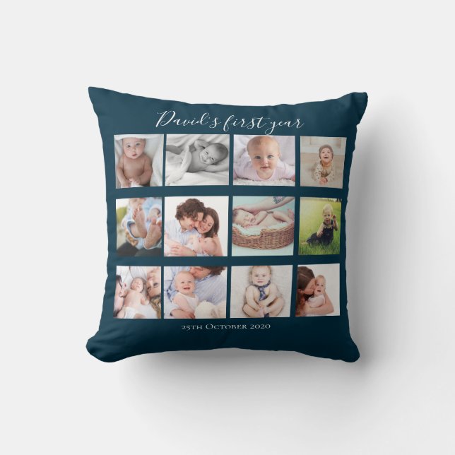 Baby Boy First Year Photo Collage Gift Navy Blue Throw Pillow (Front)