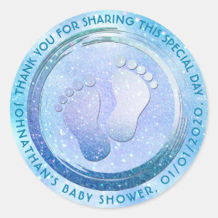 Baby Boy Footprint Glittering  Baby Shower Favour Classic Round Sticker