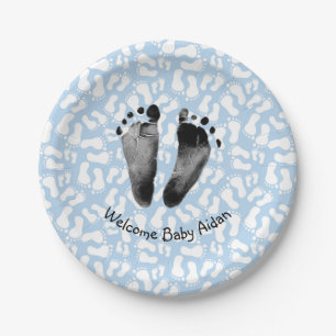 Baby Boy Footprint on Blue Paper Plate