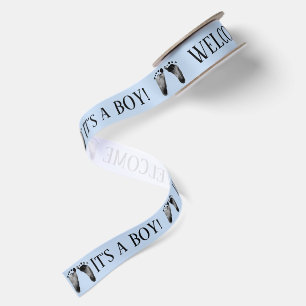 Baby Boy Footprints on Blue Satin Ribbon