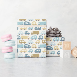 Baby Boy Gift Wrap Cars & Trucks   Blue & Beige
