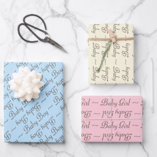 Baby Boy Girl Blue Yellow Pink Typography Pattern Wrapping Paper Sheet