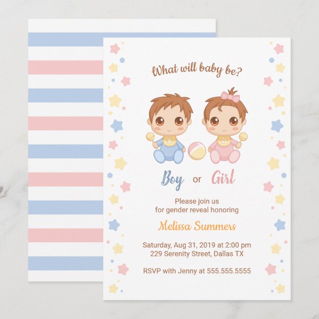 Baby Boy Girl Gender Reveal Party Invitation (Front/Back)