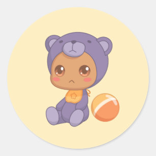 Baby Boy Girl Purple Bear Jumpsuit on Yellow Classic Round Sticker