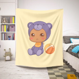 Baby Boy Girl Purple Bear Jumpsuit on Yellow Sherpa Blanket
