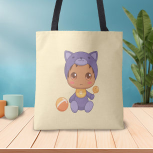 Baby Boy Girl Purple Cat Jumpsuit on Yellow Tote Bag