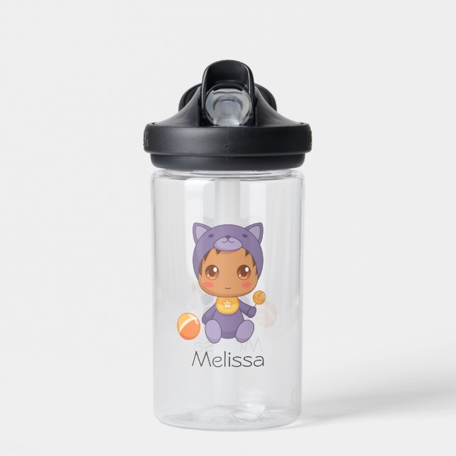 Baby Boy Girl Purple Cat Jumpsuit Water Bottle (Front)