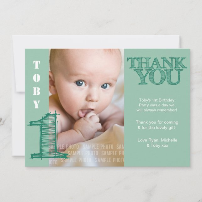 Baby Boy Green 1er Birthday Merci Carte photo (Devant)