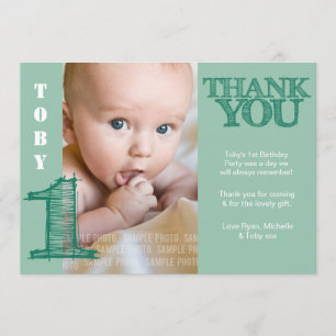 Baby Boy Green 1st Birthday Thank You Photo Card