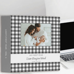 Baby Boy Grey Gingham Check Photo Album Binder