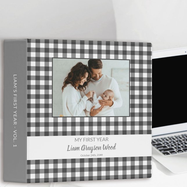 Baby Boy Grey Gingham Check Photo Album Binder (Creator Uploaded)
