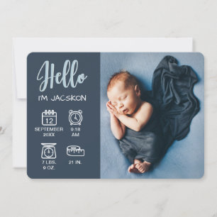 Baby boy hello overlay photo & birth stats icons announcement