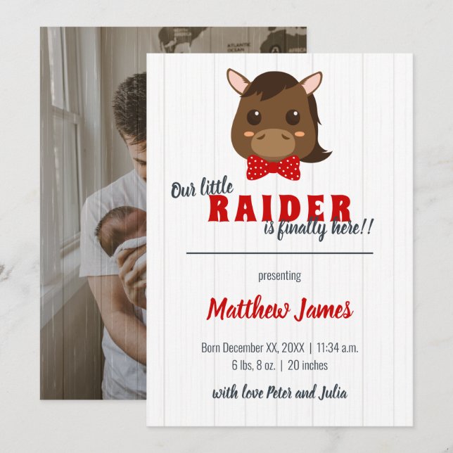 Baby Boy Horse Red Vertical Birth Announcement (Front/Back)