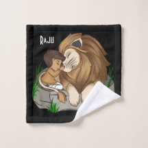 Baby boy hugging a cute lion Handcloth
