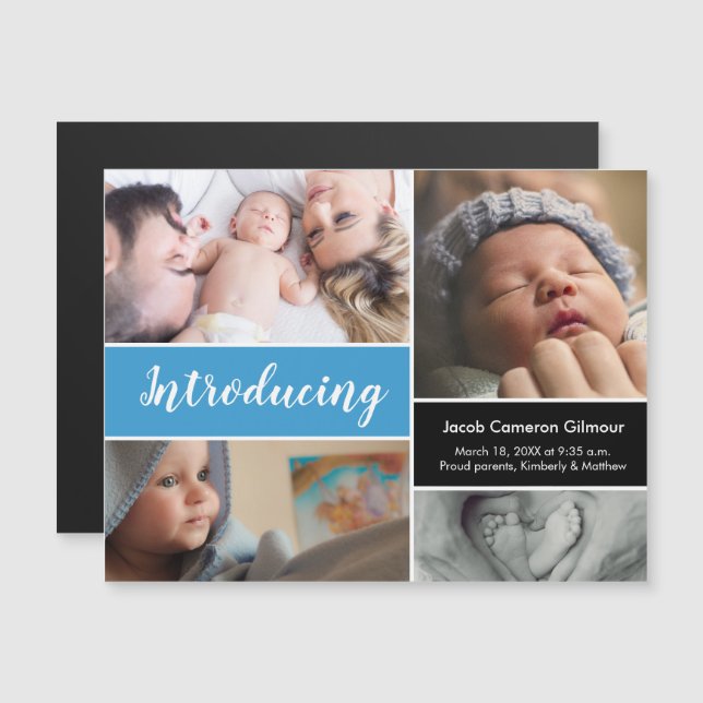 Baby Boy Introducing script photo collage Magnetic Invitation (Front/Back)