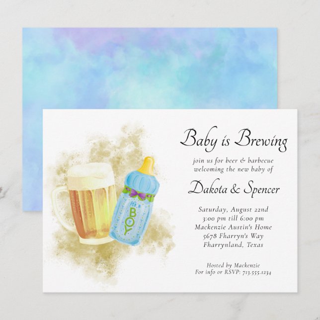 Baby Boy is Brewing | Blue Summer Outdoor Shower Invitation (Front/Back)