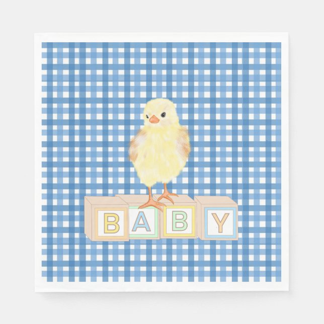Baby Boy Little Chick Blue Gingham Napkin (Front)