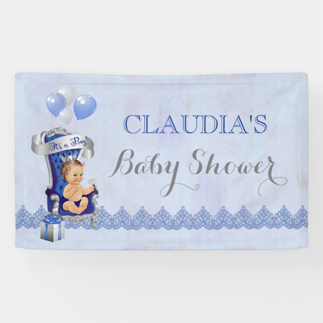 Baby Boy Little Prince Silver Crown Royal Blue Banner (Horizontal)