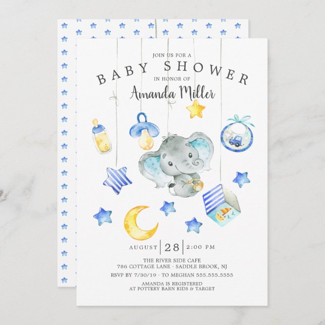 Baby Boy Mobile Elephant Baby Shower Invitation (Front/Back)