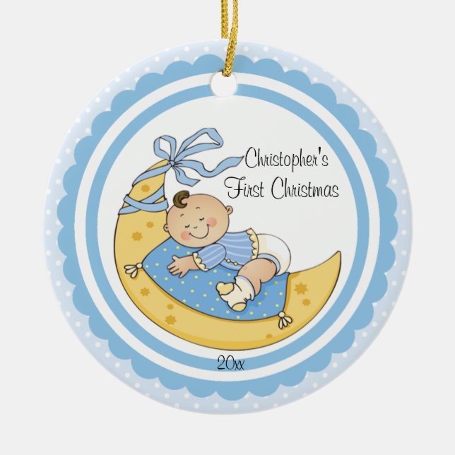 Baby Boy Moon Baby's First Christmas Ornament (Front)