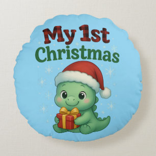 Baby Boy My 1st Christmas Dino Round Pillow