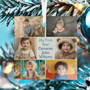 Baby Boy My 1st Year Photo Collage Christmas Glass Ornament