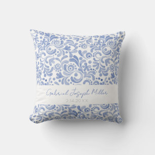 Baby Boy NAME BIRTHDATE Blue Watercolor Keepsake Throw Pillow