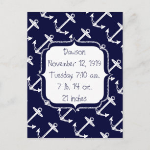 Baby Boy Nautical Navy Blue Anchor Pattern Postcard