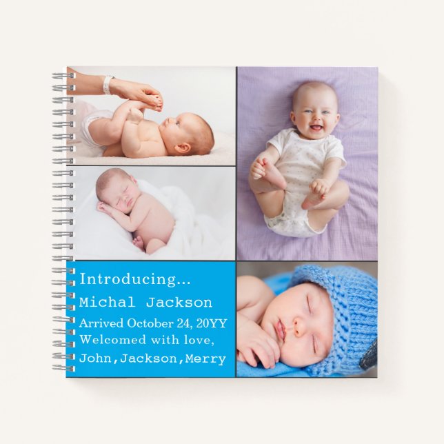 Baby Boy Newborn Photo Birth Announcement Blue  Notebook (Front)