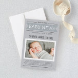 Baby Boy News Modern Grey Photo Birth Announcement<br><div class="desc">Share the big news of your baby boy or girl's arrival with family and friends in style with a newspaper style photo birth announcement. Design features your baby's name,  details and photo as the headline and front page news story.  White,  light grey / silver,  grey and charcoal grey colours.</div>