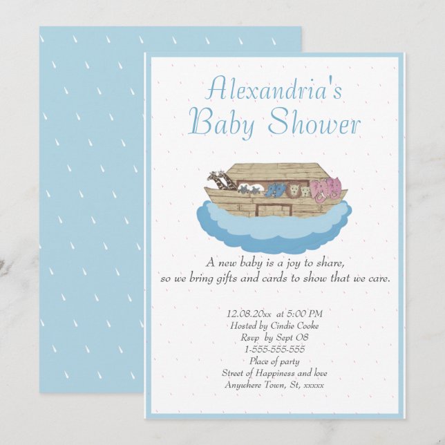 Baby Boy Noah's Ark Blue Baby Shower Invitation (Front/Back)
