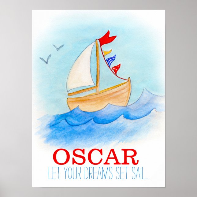 Baby boy nursery sailing boat poster (Front)