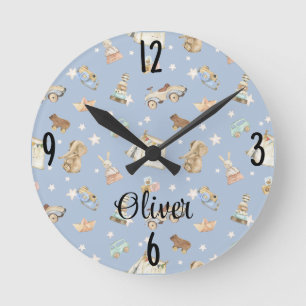 Baby Boy Nursery Watercolor Vintage Toys 8-inch Round Clock