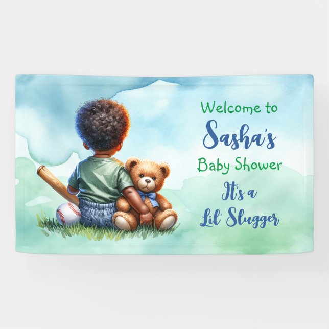Baby Boy of Colour with his Teddy Bear Baby Shower Banner (Horizontal)