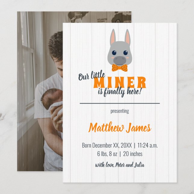 Baby Boy Orange Donkey Vertical Baby Announcement (Front/Back)