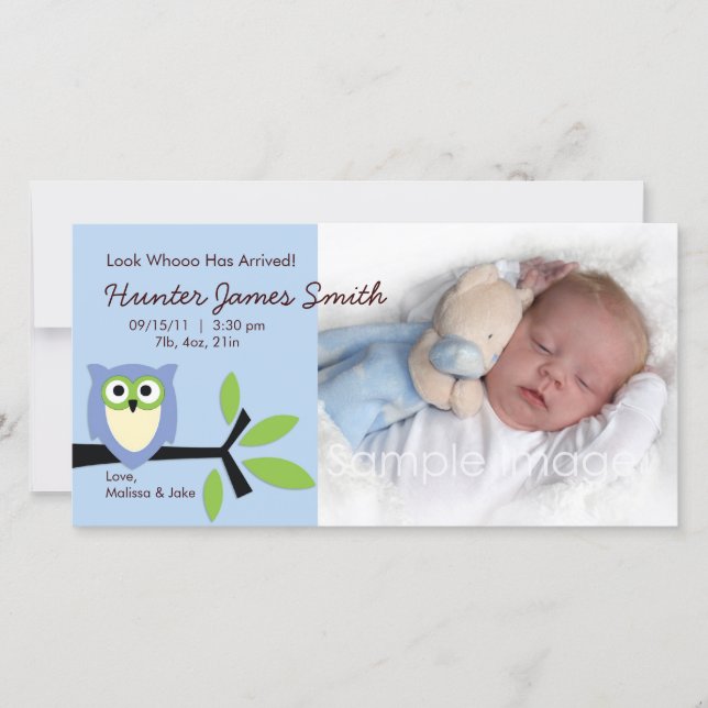Baby Boy Owl thème Carte photo Faire-part de naiss (Devant)
