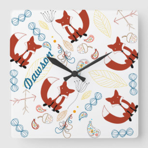 Baby Boy Personalize Modern Fox Woodland Pattern Square Wall Clock