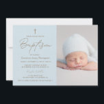 Baby Boy Photo Baptism Elegant Modern Christening Invitation<br><div class="desc">Mark your child’s sacred milestone with this custom baptism invitation featuring a baby photo. Designed with a soft blue background, print gold hue accent cross, and elegant modern script, this invitation is perfect for baby boys’ christenings, dedications, or naming ceremonies. The right side highlights your little one’s photo, making it...</div>
