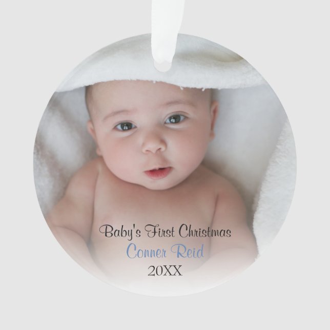 Baby Boy Photo Blue Babys First Christmas Ornament (Front)